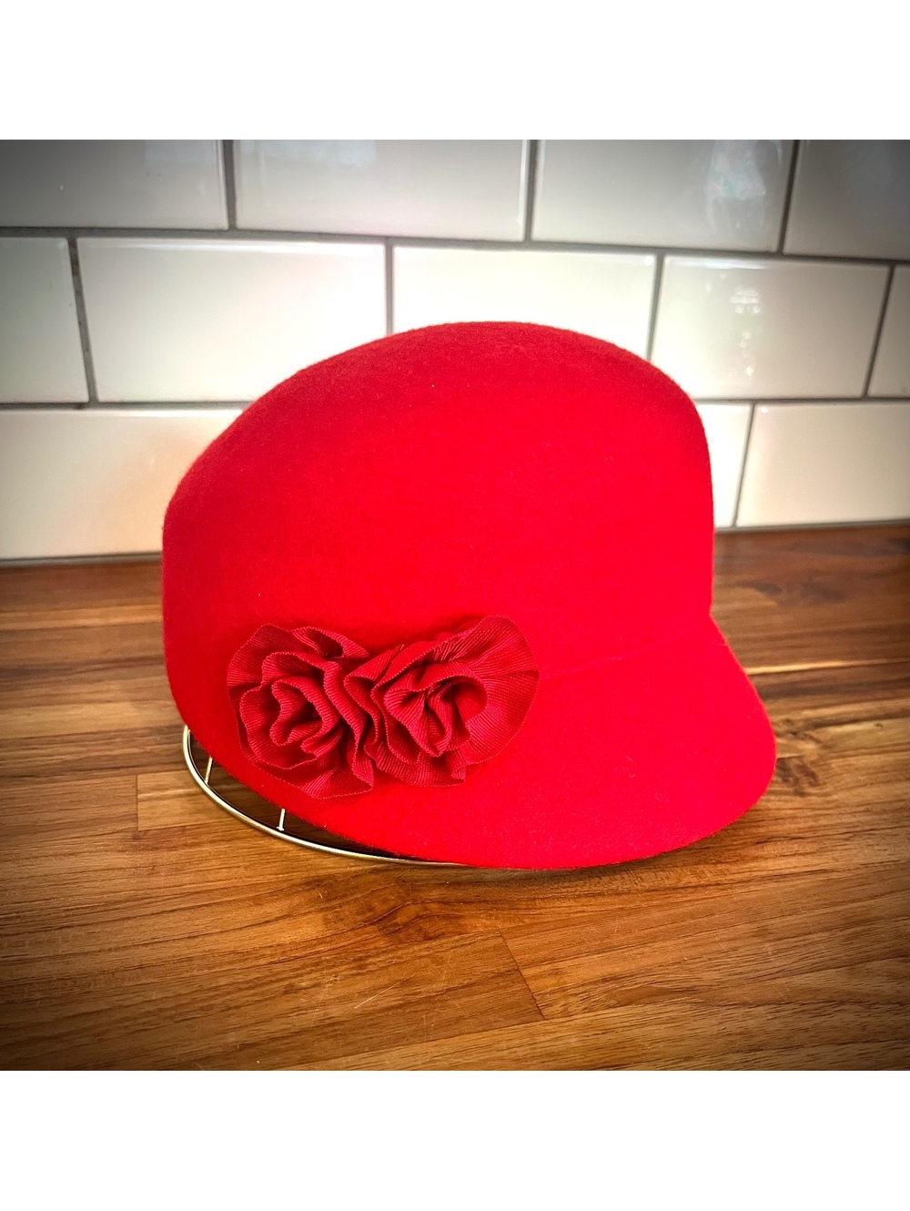 Great Northwest Red Wool Cloche Hat with Floral Accent